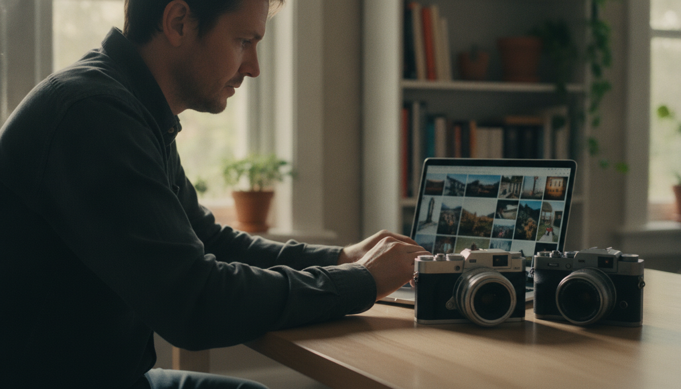 Shopper buying a camera by comparing two models and sample photos at a table