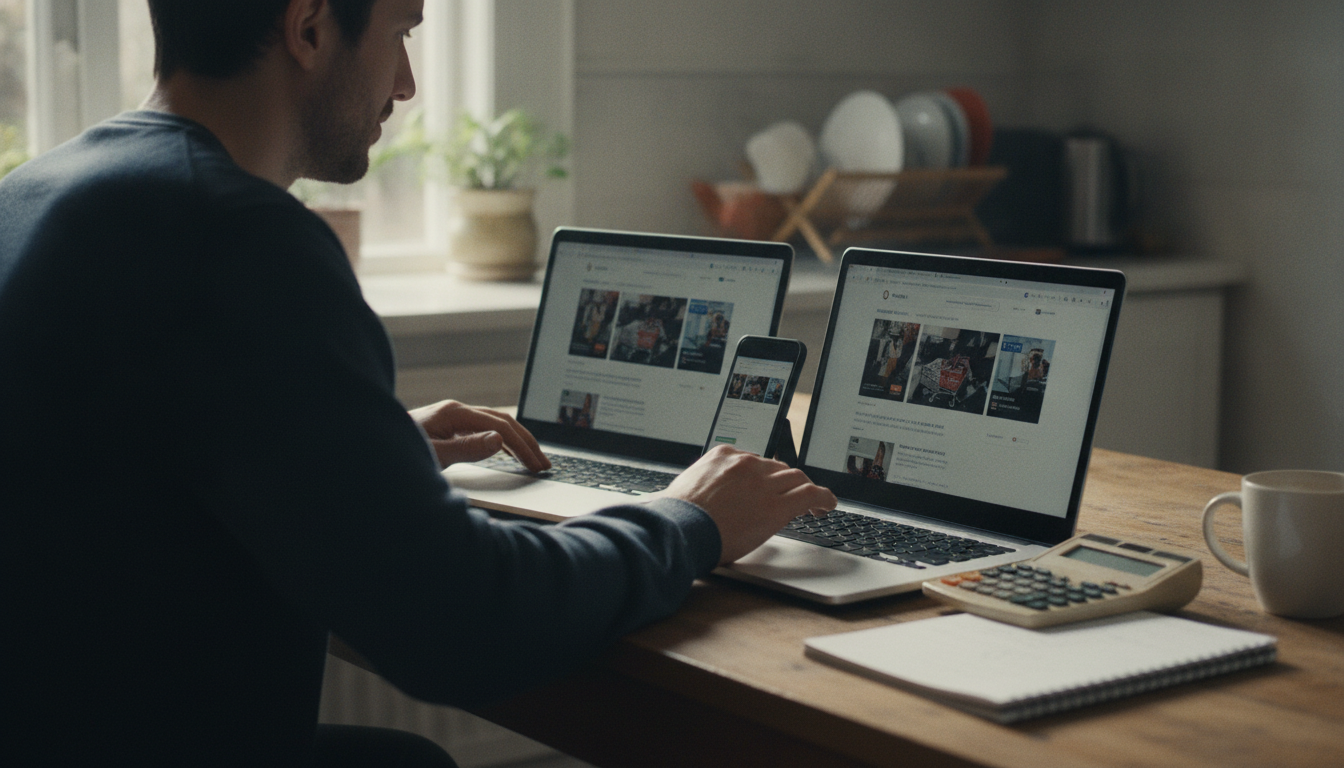 Shopper doing a shipping cost comparison on two devices at a kitchen table