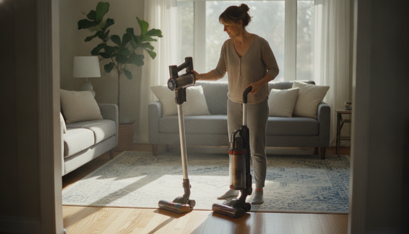 Shopper comparing two models to choose the right vacuum in a bright living room