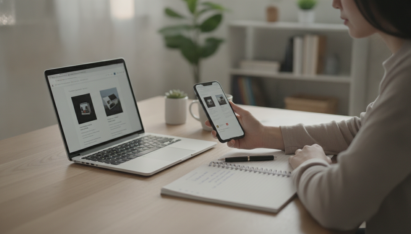 Shopper using a laptop and notepad to compare prices on two products at home