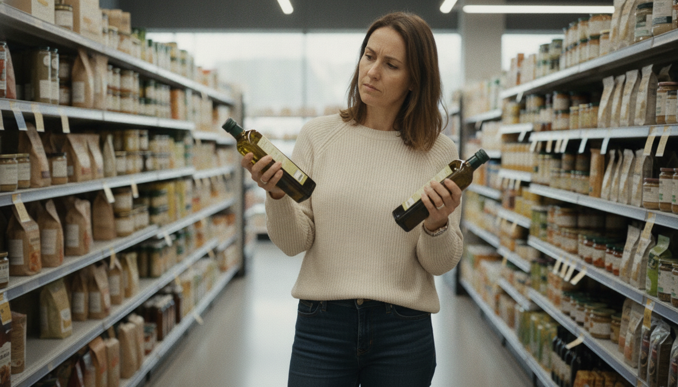 Shopper doing a total cost comparison between two products in a store aisle