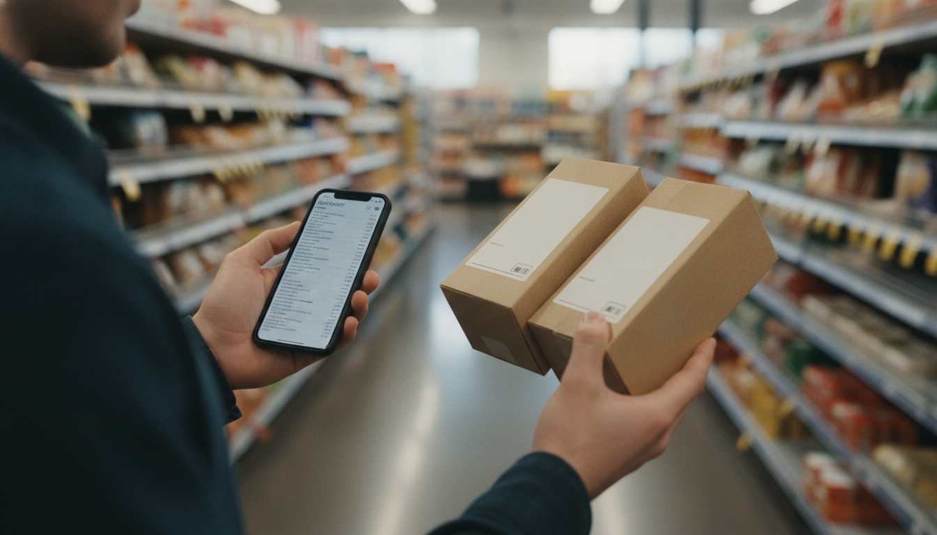 Shopper using a smart shopping list to compare products in a store aisle