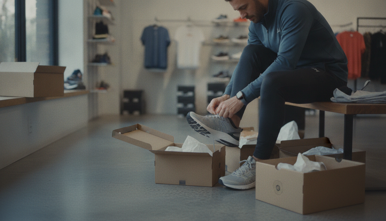 Shopper trying on running shoes that fit while comparing pairs in a store