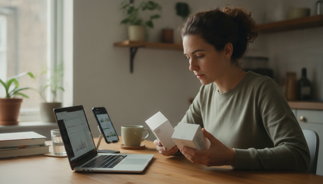 Shopper using a laptop to read product reviews before buying two similar items