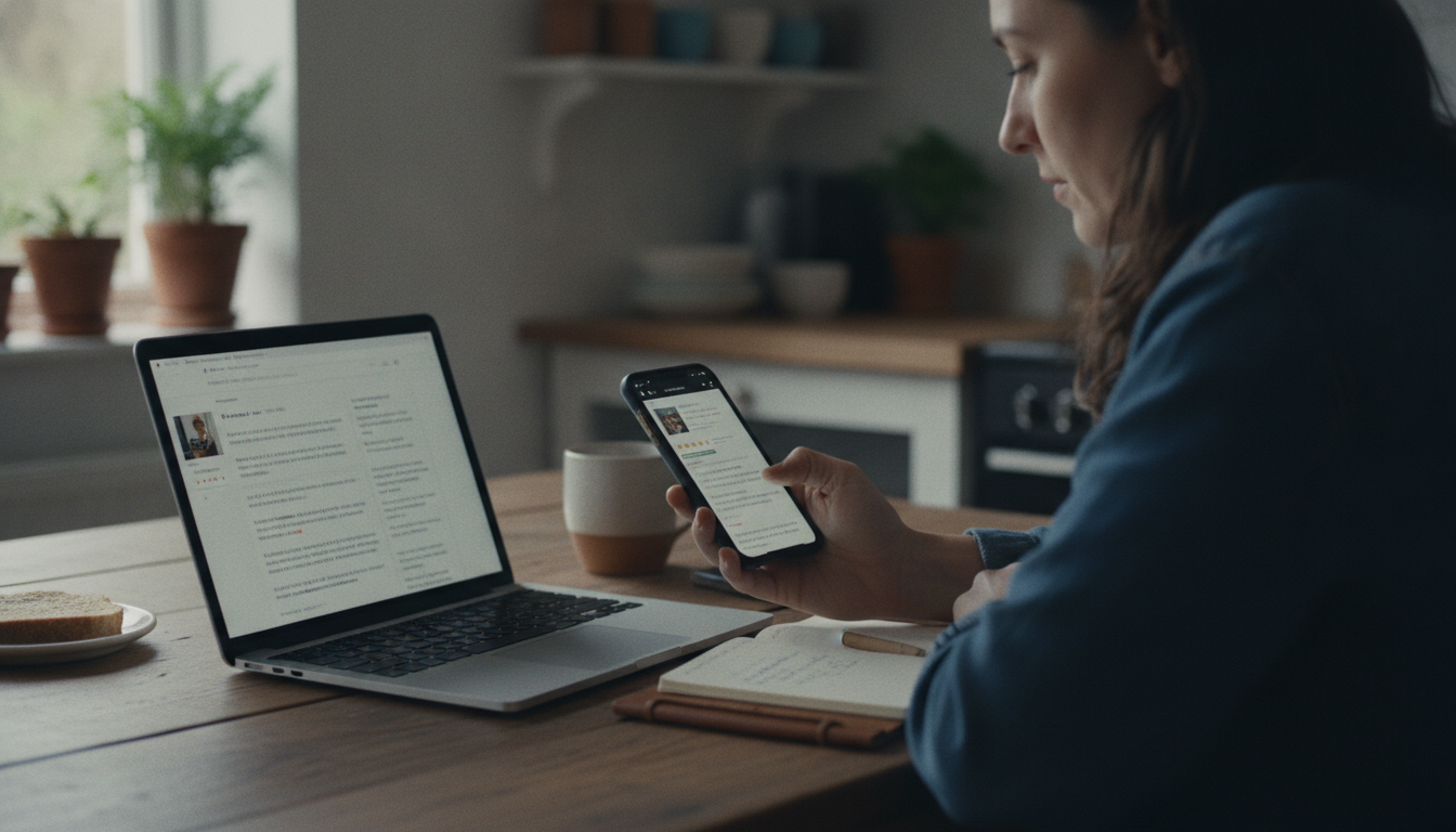 A shopper reading reviews online to spot fake product reviews before buying