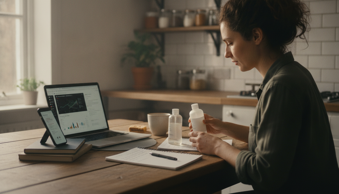 Shopper taking notes to track a price before buying using a laptop and phone