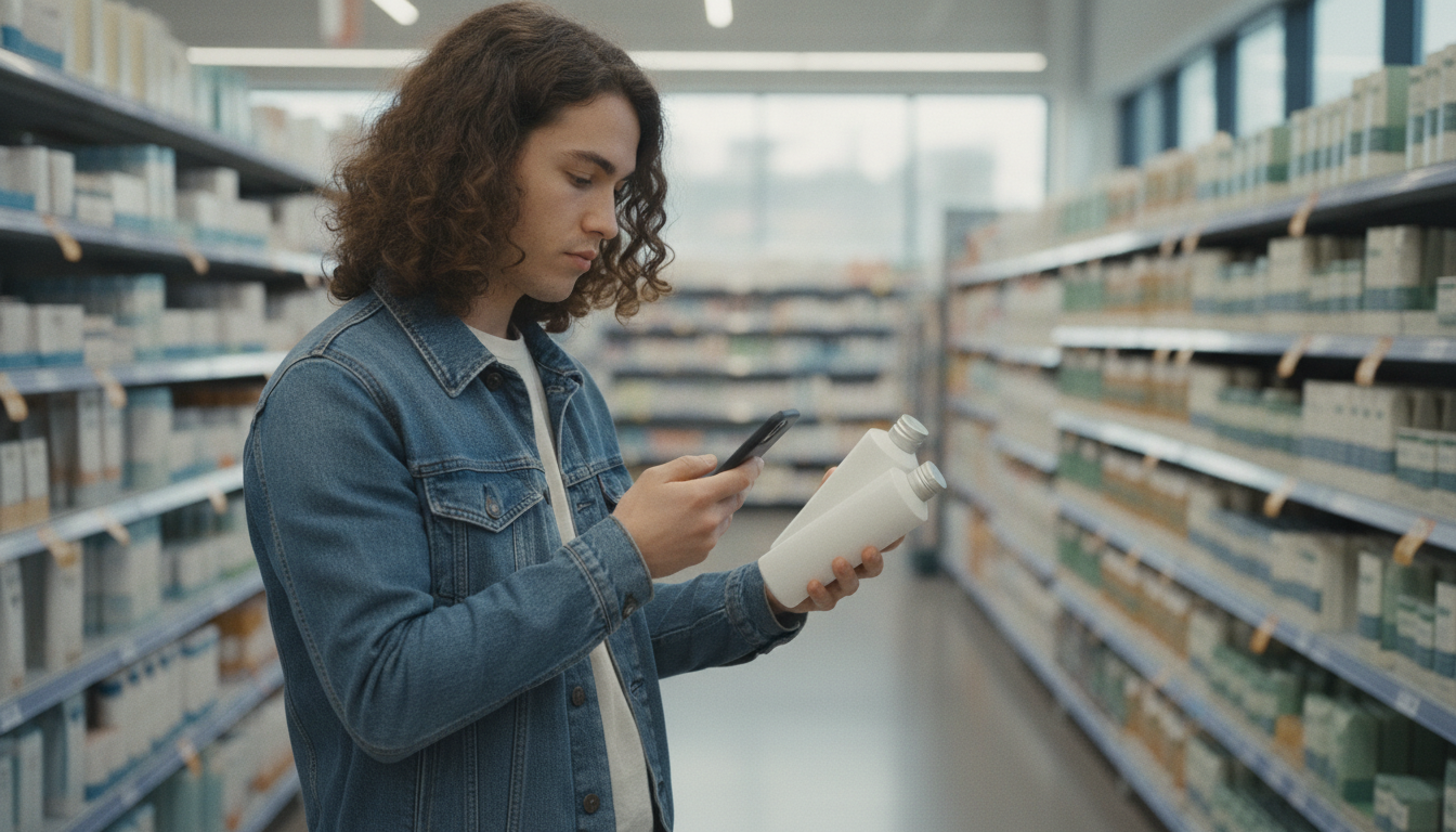 Shopper comparing two products while using a price match policy on a phone